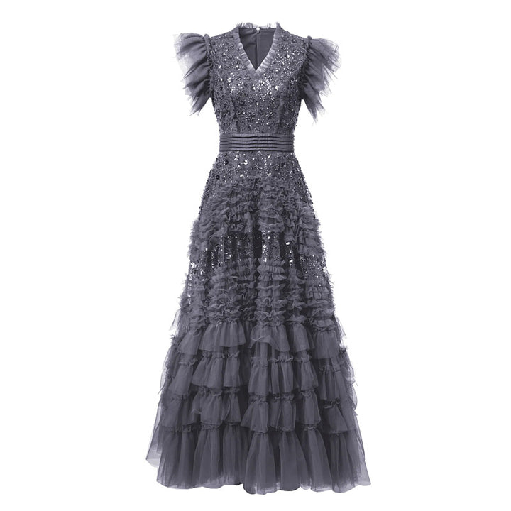 فستان من التول متعدد الطبقات مع صد من الترتر وأكمام مكشكشة - سيليست