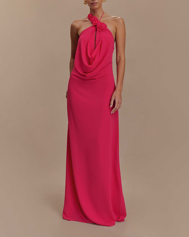 halter neck draped gown with floral detail – AMARAWTI