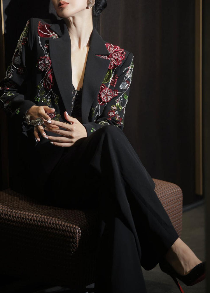 embroidered tailored blazer set with wide-leg pants – BLUSH ROSE