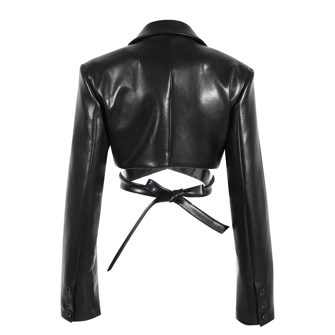 cropped faux leather jacket with wrap belt – RALEN
