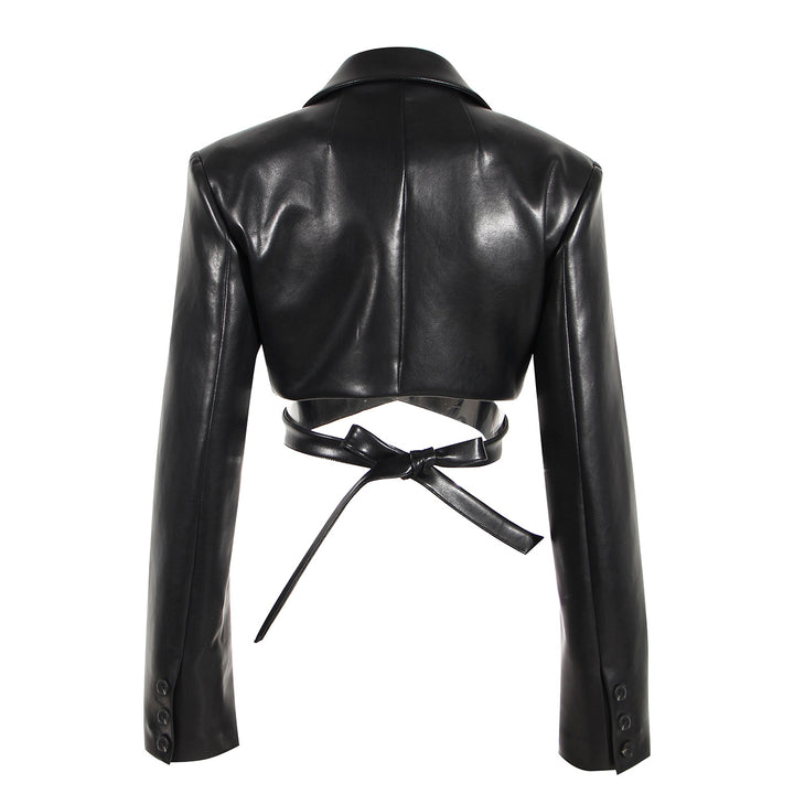 cropped faux leather jacket with wrap belt – RALEN