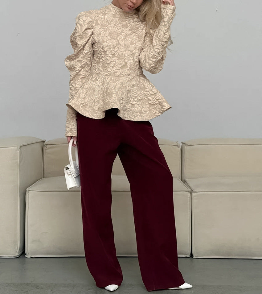 textured peplum blouse with sculpted puff sleeves – OPHELIA