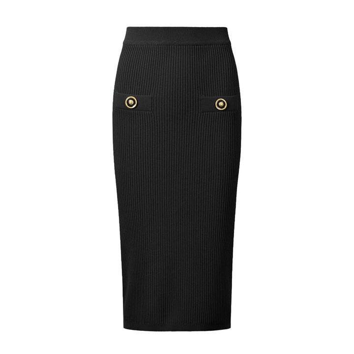 ribbed knit skirt set with gold button detail - AURELIAMI
