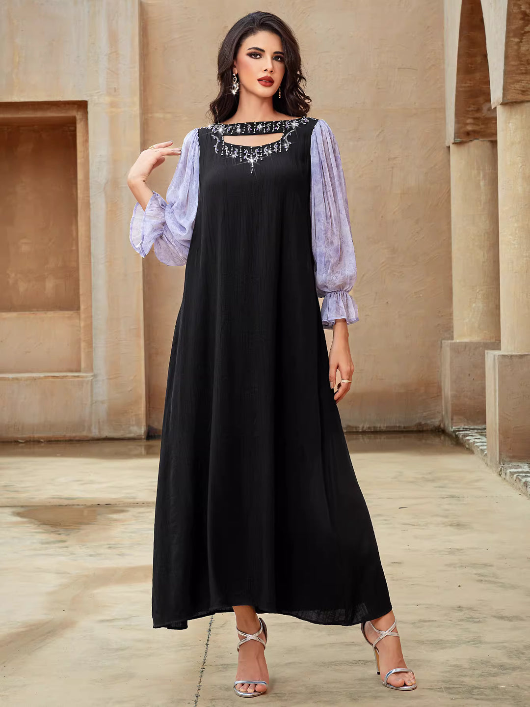 Elegant Black Maxi Dress with Sheer Puff Sleeves – ELENORA