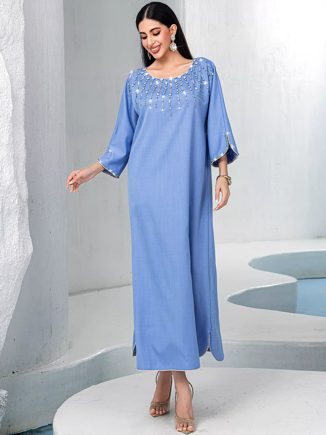 embellished straight-cut maxi dress with flared sleeves – AZURE