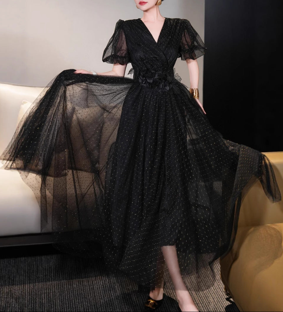 فستان ملفوف من التول بحزام وأكمام منفوخة – إسمي