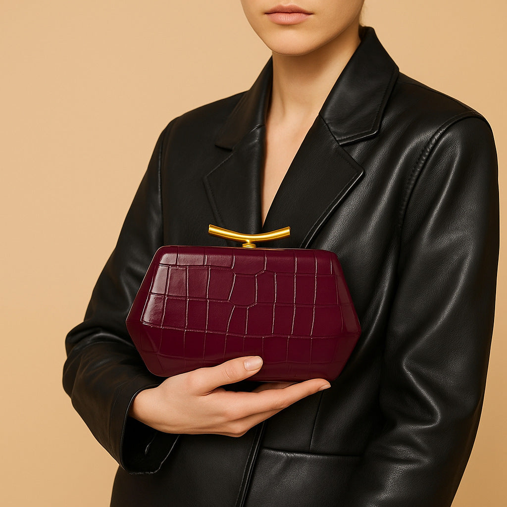 croc-embossed geometric clutch with gold bar clasp – ALESSIA