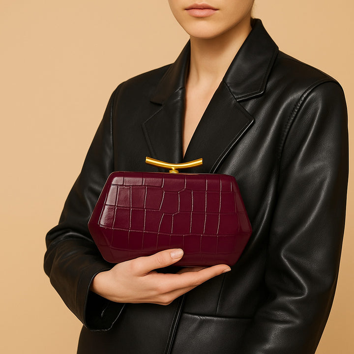 croc-embossed geometric clutch with gold bar clasp – ALESSIA