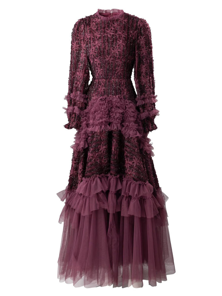 فستان من التول متعدد الطبقات مع تفاصيل من الدانتيل الزهري والكشكشة - قطيفة