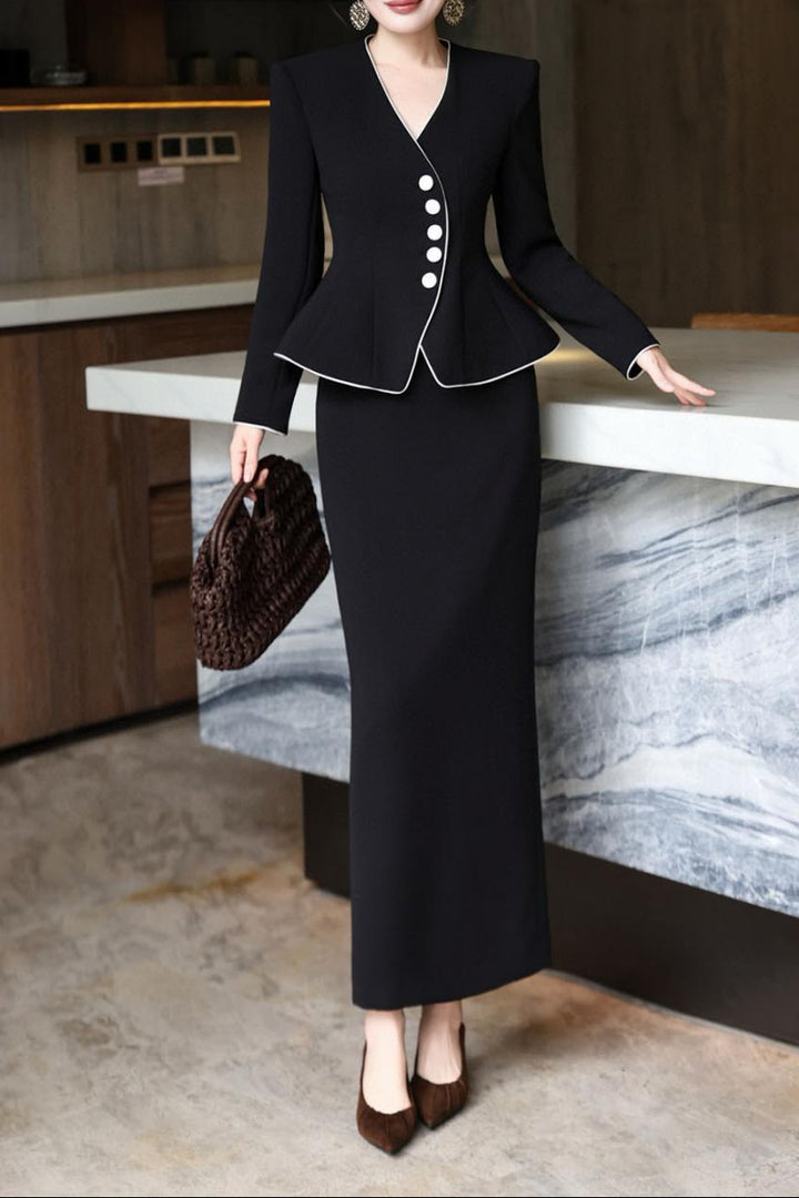 peplum skirt suit with contrast piping – NOIRE