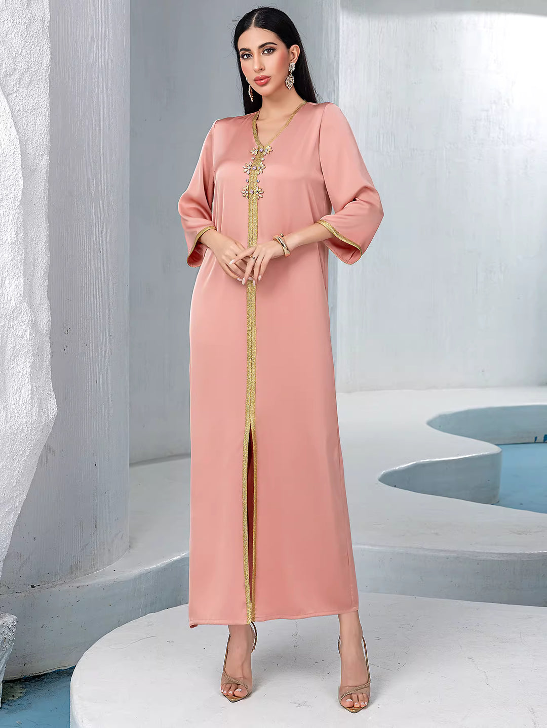 فستان مخملي طويل مكشوف الكتفين بفتحة جانبية - منتصف الليل