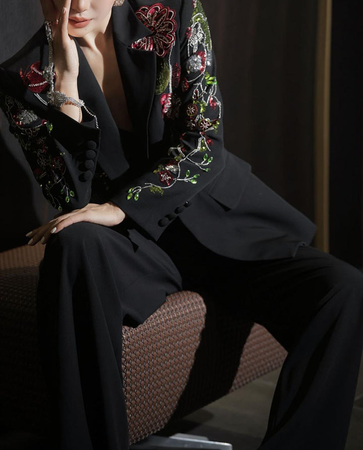 embroidered tailored blazer set with wide-leg pants – BLUSH ROSE