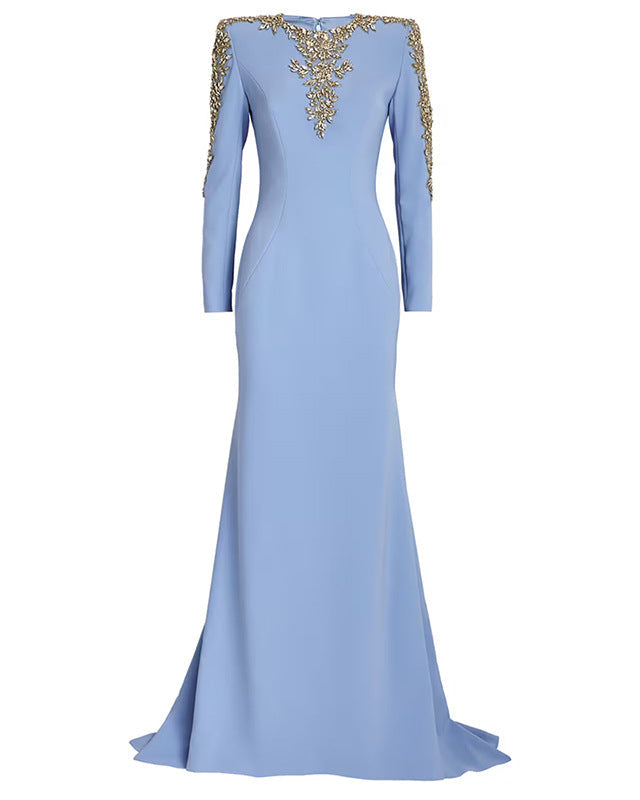 long-sleeve mermaid gown with gold applique shoulders – SELEVRE