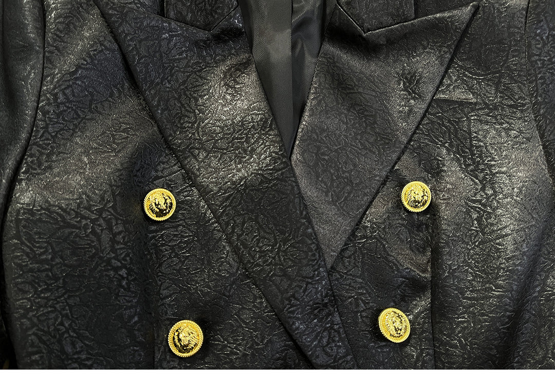 textured double-breasted blazer with gold crest buttons – EMPRESS