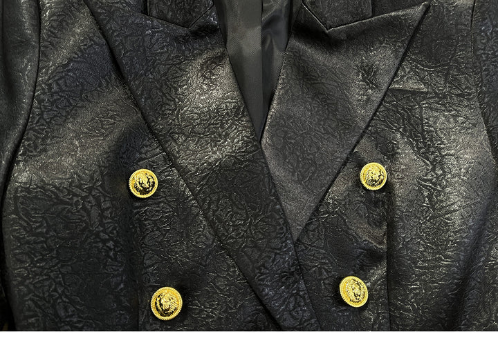 textured double-breasted blazer with gold crest buttons – EMPRESS