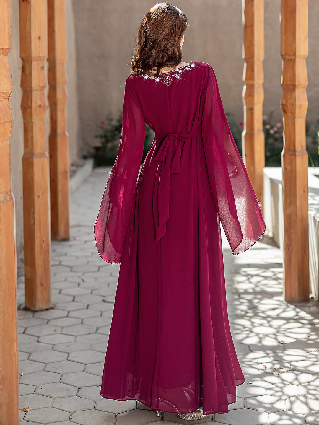 embellished chiffon gown with flared sleeves - SOFIANZA