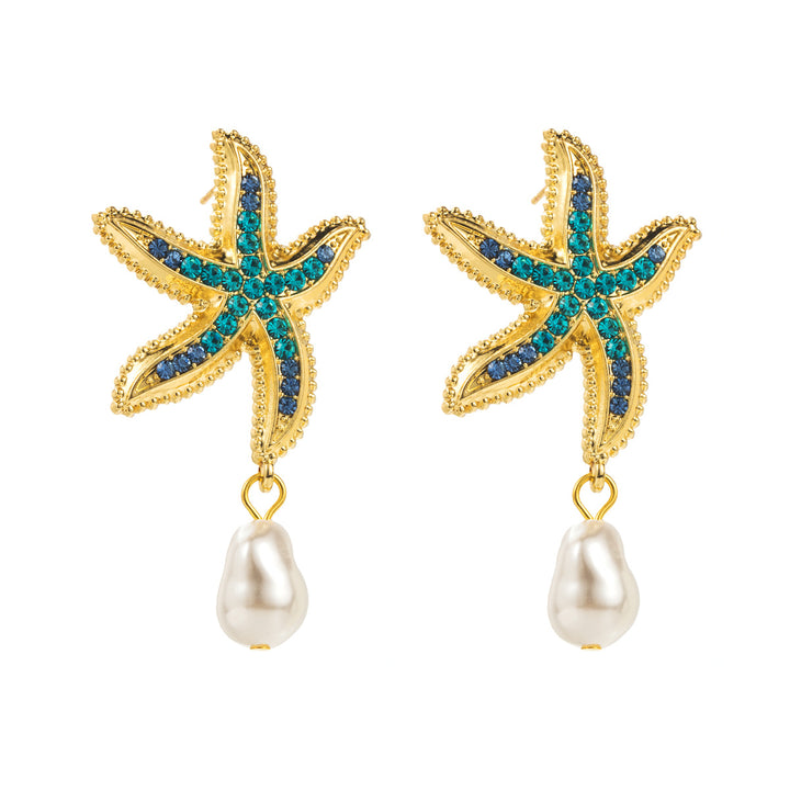 crystal starfish earrings with drop pearl charm - CORALIADU
