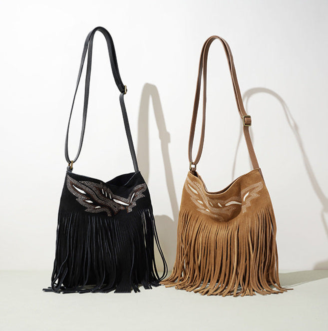 fringed suede shoulder bag with boho details - ZARAXWI