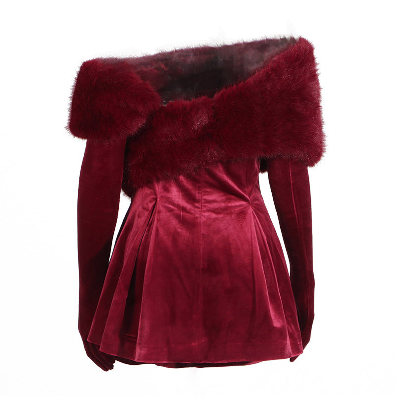 off-shoulder faux-fur velvet mini dress – VELORA