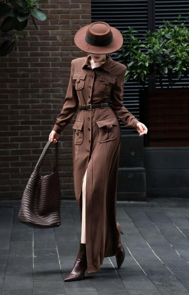 button-down military maxi dress with belted waist – NOIRE