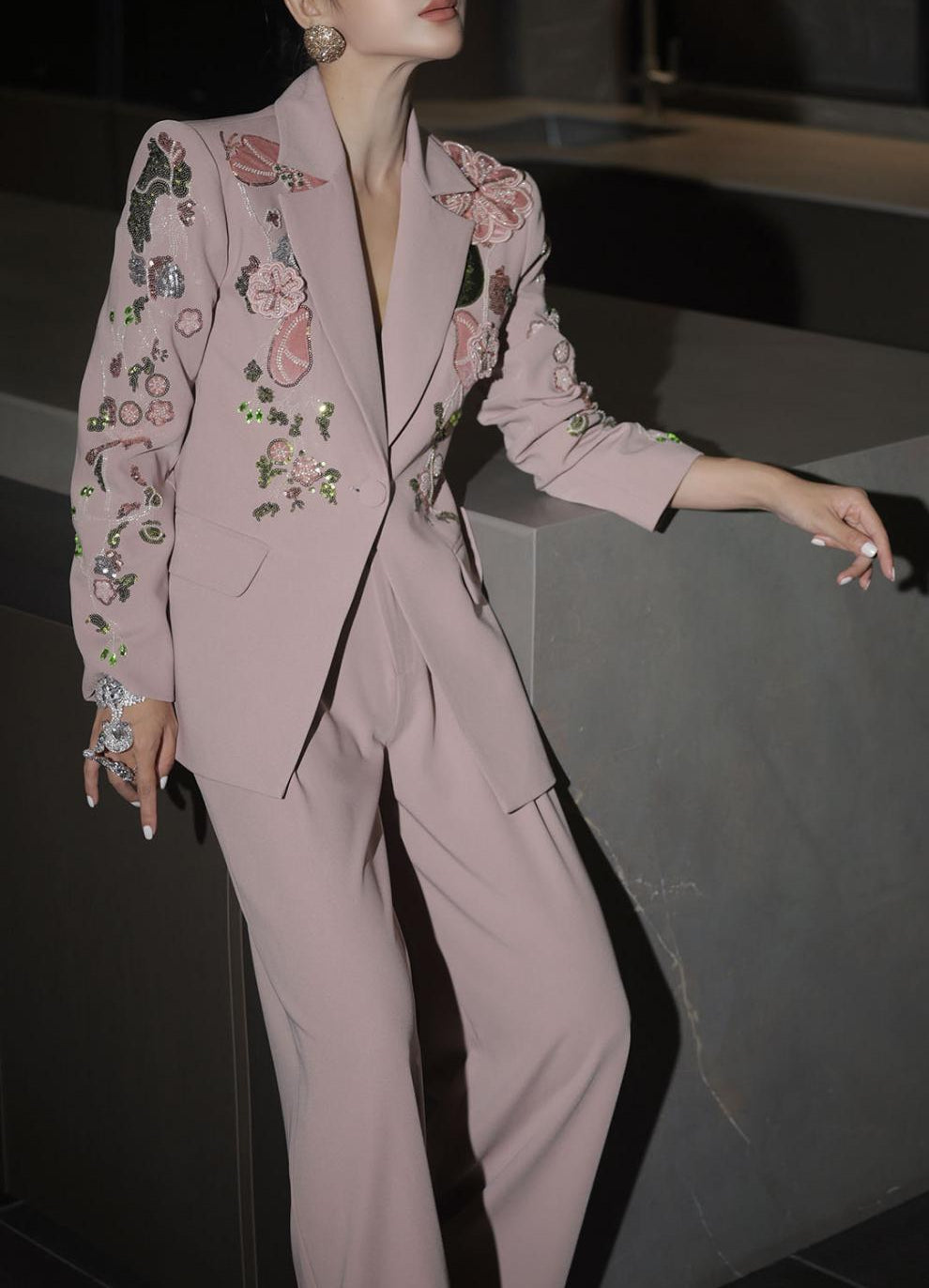embroidered tailored blazer set with wide-leg pants – BLUSH ROSE