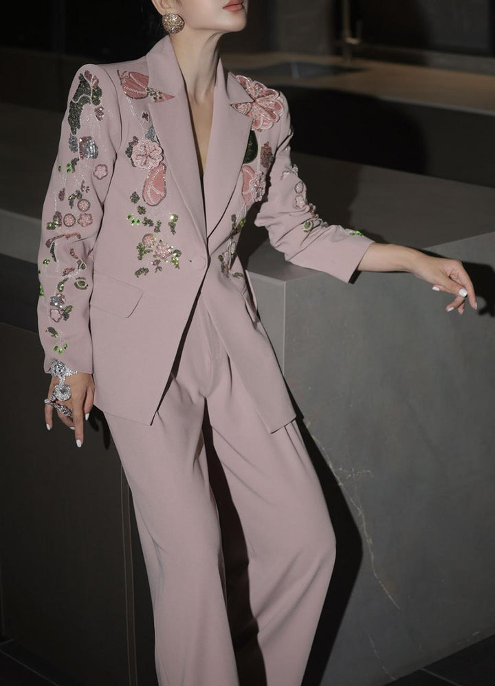 embroidered tailored blazer set with wide-leg pants – BLUSH ROSE