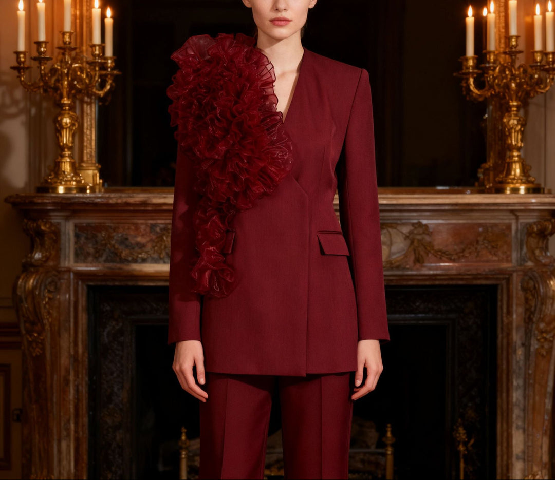 tailored blazer dress with dramatic organza ruffle detail – SCARLET