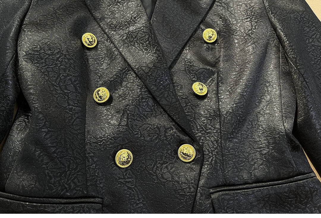 textured double-breasted blazer with gold crest buttons – EMPRESS