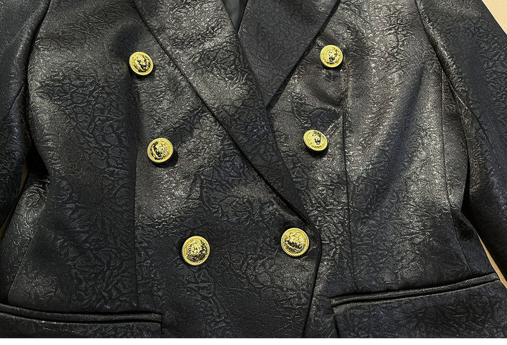 textured double-breasted blazer with gold crest buttons – EMPRESS