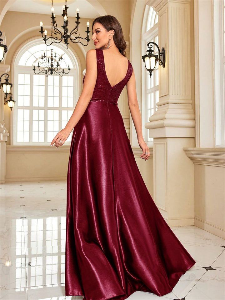 sleeveless satin gown with sequin bodice – VERENA