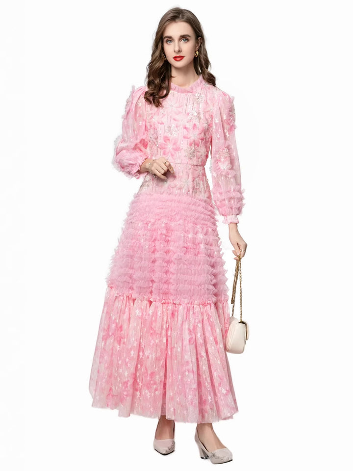 فستان من التول مكشكش مع زخارف نباتية – روزابيلا