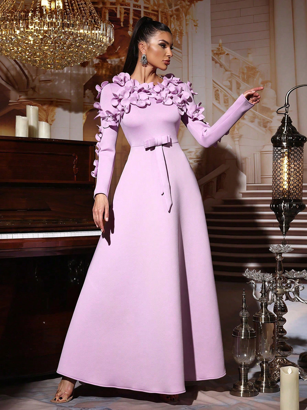 Geplooide top met uitlopende mouwen en maxi-rok set met tailleband – Rosiny 