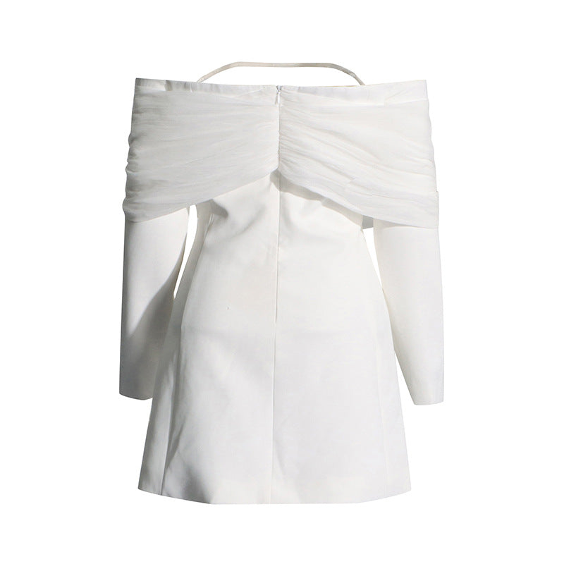 off-shoulder tailored mini blazer dress with tulle wrap – AURORA