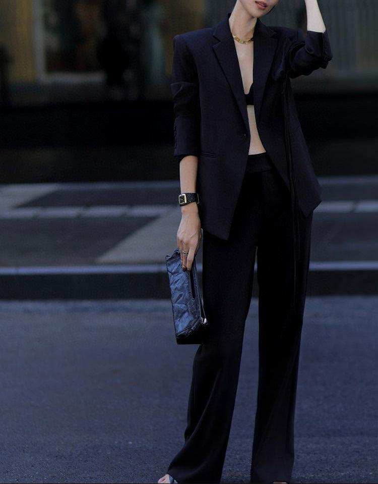 draped satin-detail blazer with wide-leg trousers – LUMIERA