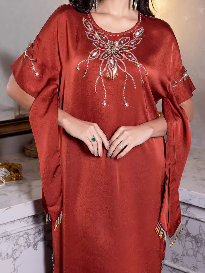 short-sleeve satin dress with embellished neckline - ZARAZLU