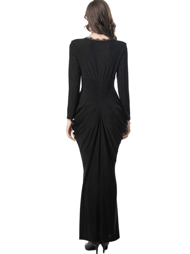 long sleeve draped mermaid gown with lace neckline - SERENZA