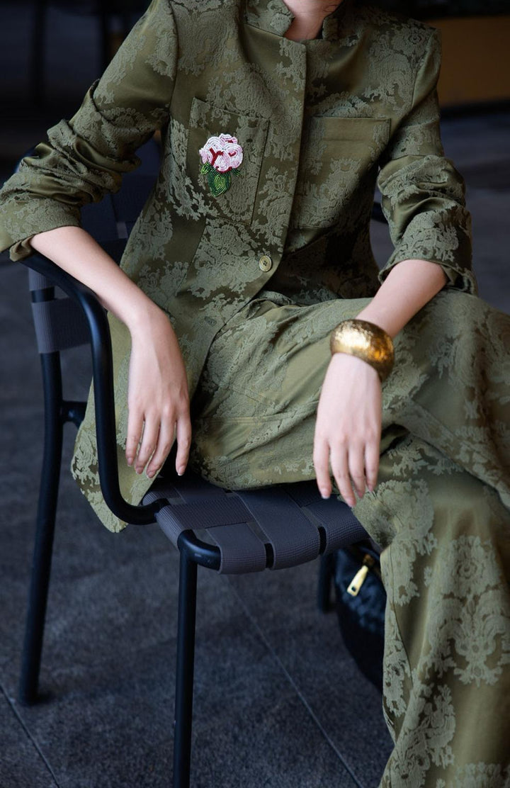 brocade tailored pantsuit with floral patch – VERDANA