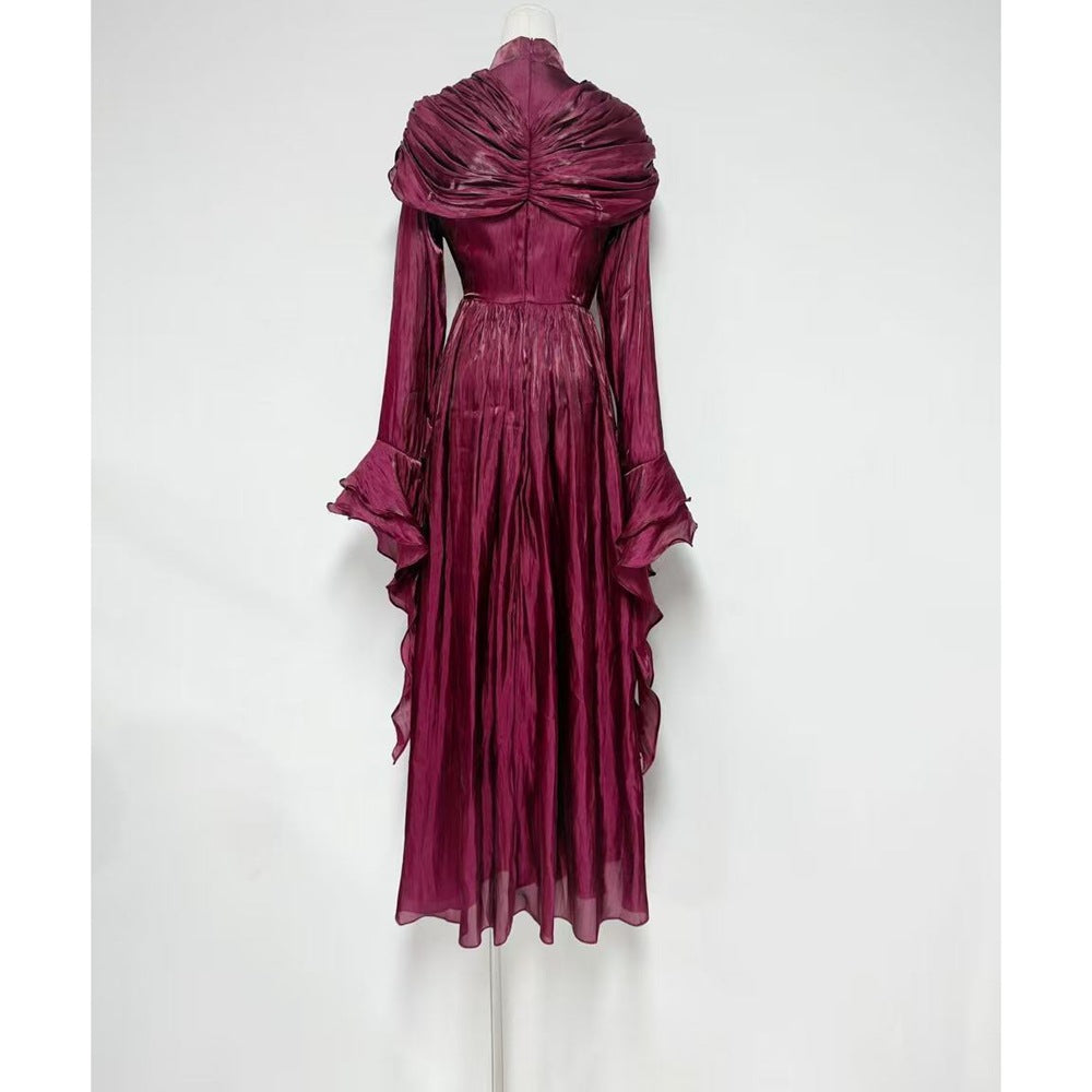 Plissiertes Oberteil mit ausgestellten Ärmeln und Maxirock-Set mit Taillengürtel – Rosiny 