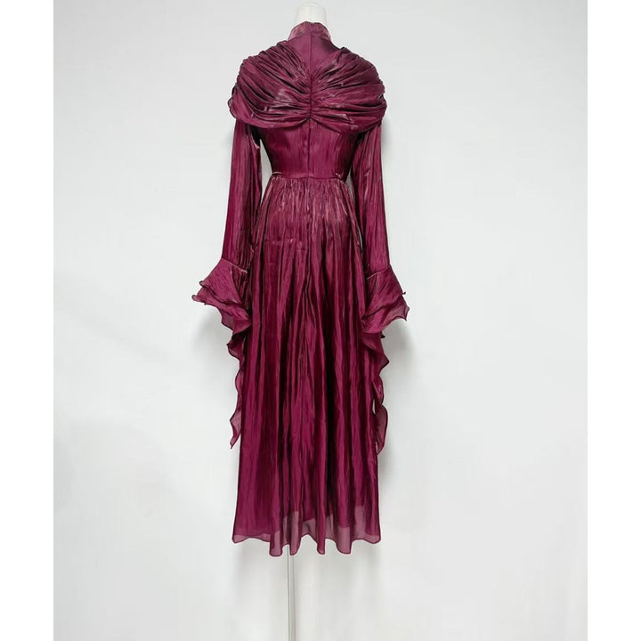 Plissiertes Oberteil mit ausgestellten Ärmeln und Maxirock-Set mit Taillengürtel – Rosiny 