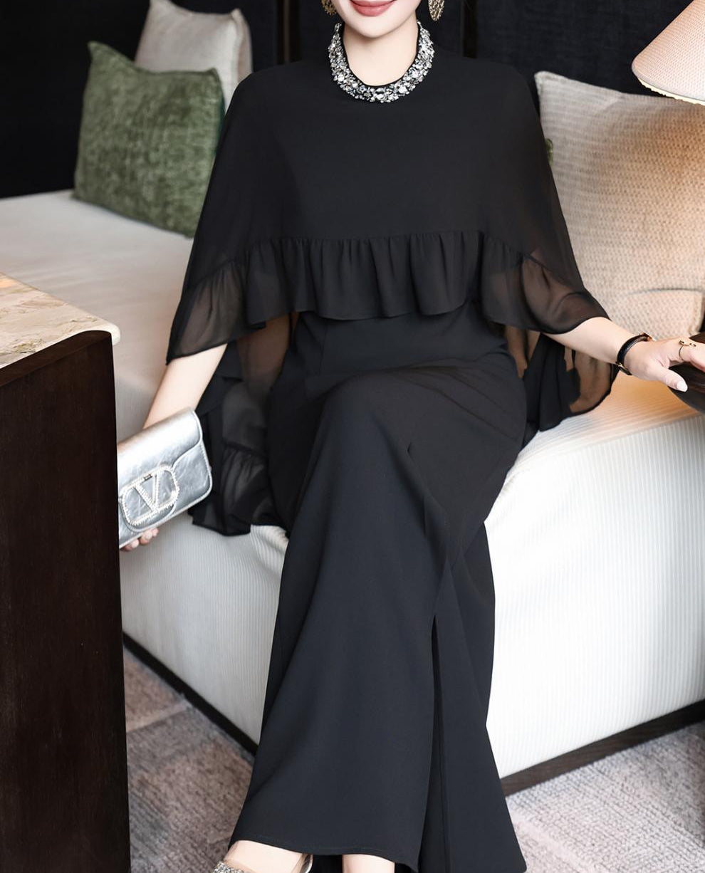 black cape-overlay gown with ruffled chiffon tier – ELIORA