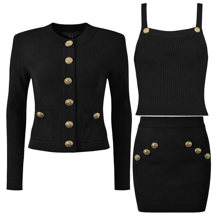 three-piece knit set with gold button detailing – ATHENAZI