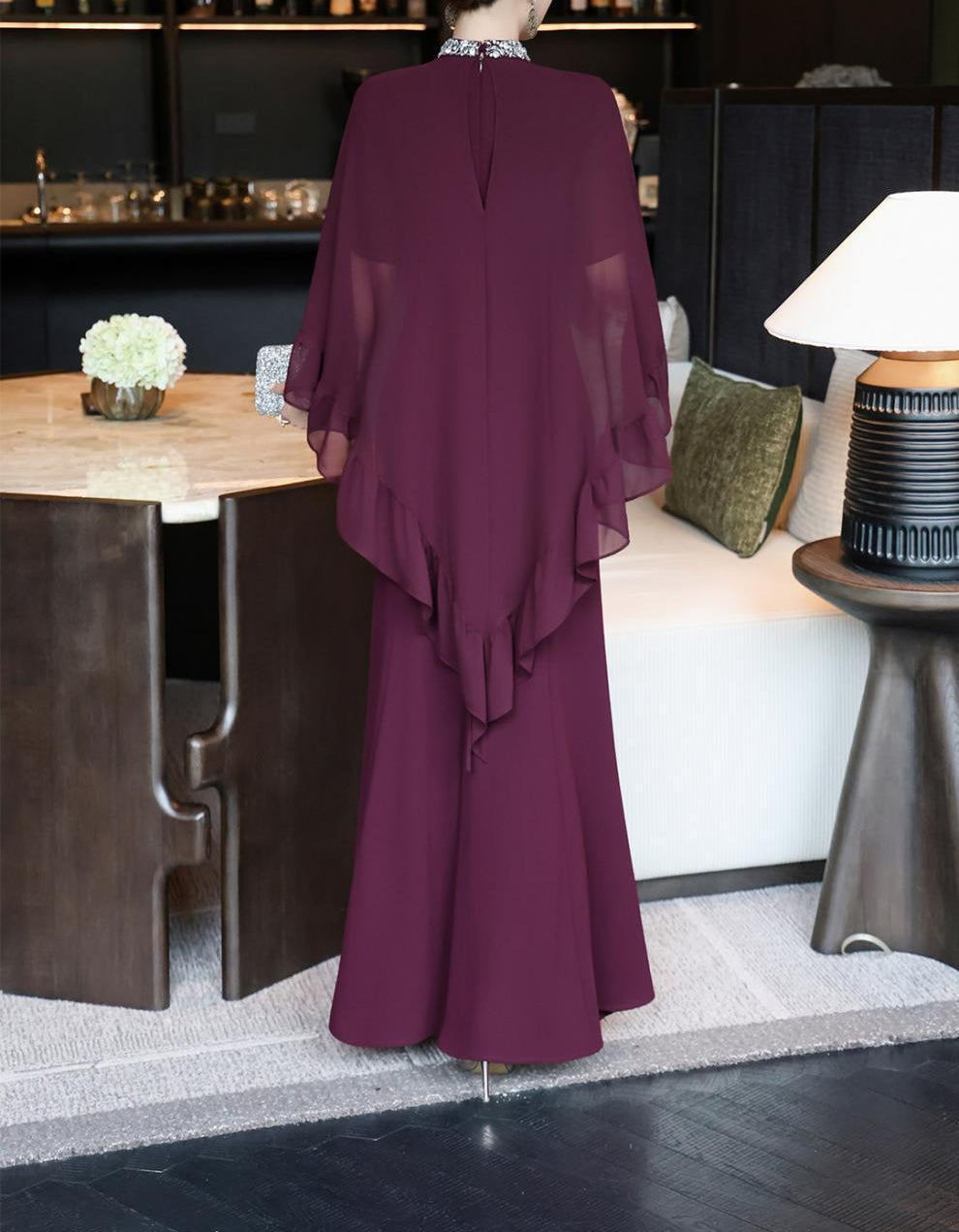 black cape-overlay gown with ruffled chiffon tier – ELIORA