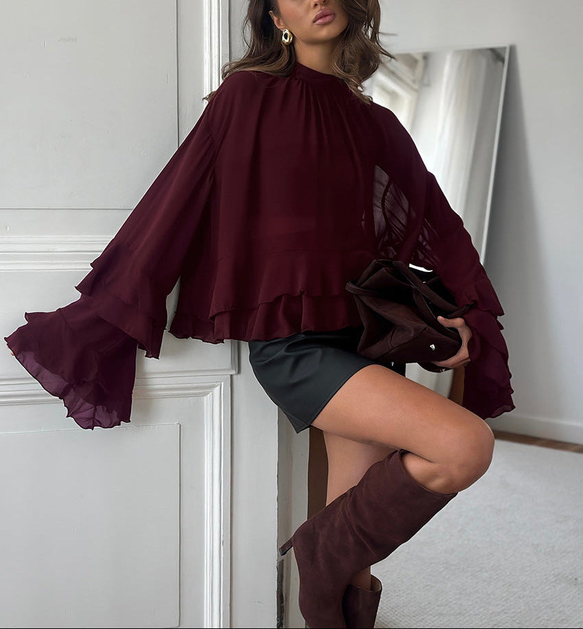 flowy ruffle-sleeve chiffon blouse with relaxed silhouette – MERLOT