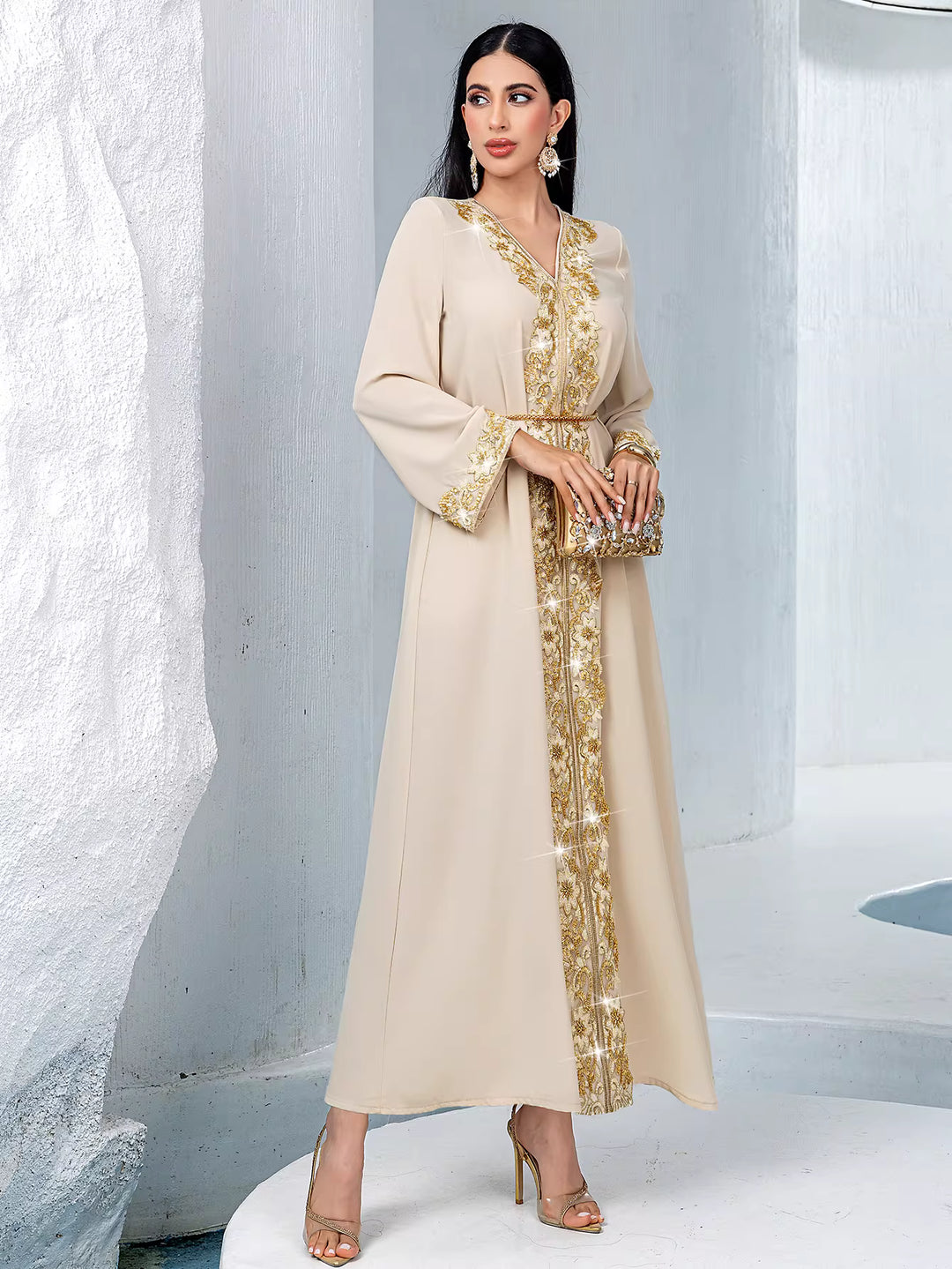 embroidered V-neck long abaya with waist belt – AURELIA