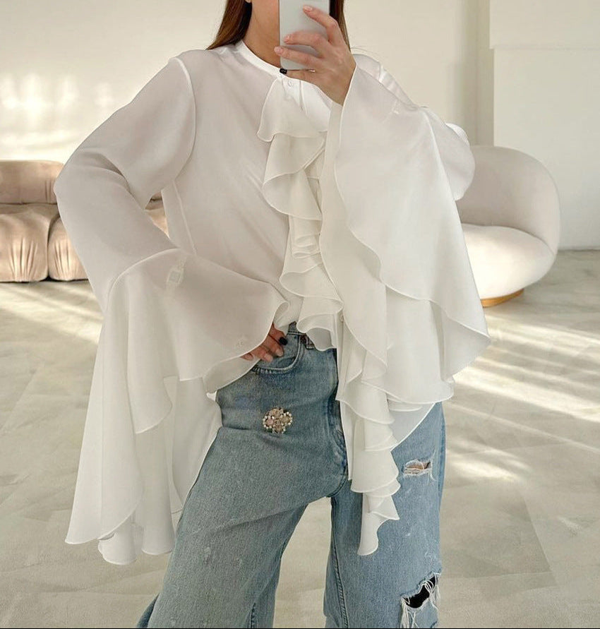 ruffled chiffon blouse with flared sleeves – OPHELIA