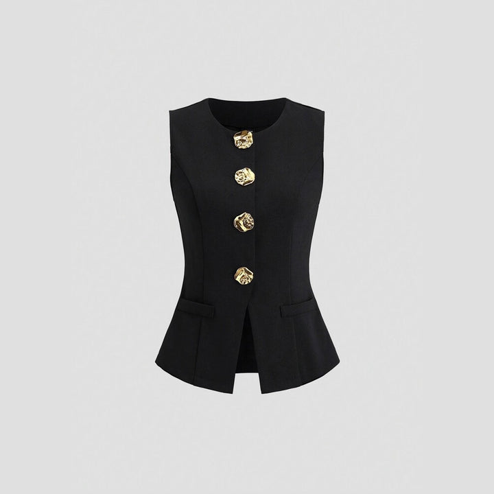 سترة أنيقة بدون أكمام مزينة بأزرار ذهبية منحوتة - فاليري
