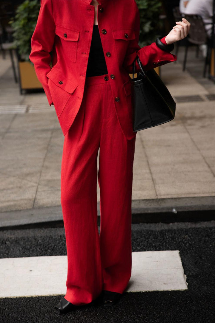 belted mandarin-collar blazer with wide-leg pants – ROSETTA