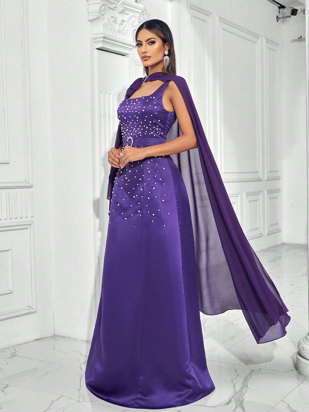 sleeveless gown with pearl embellishments and cape – VROLENTA