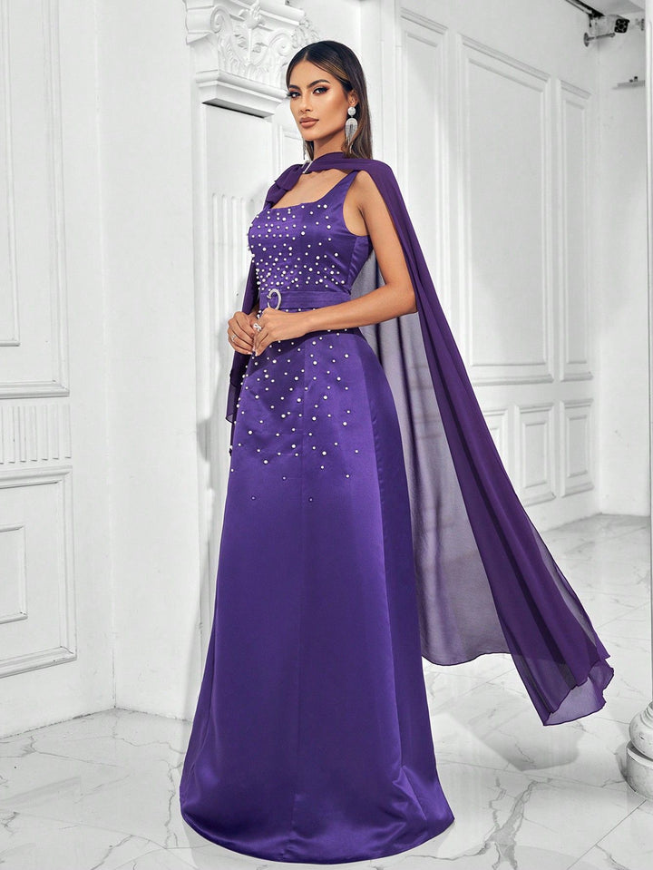 sleeveless gown with pearl embellishments and cape – VROLENTA
