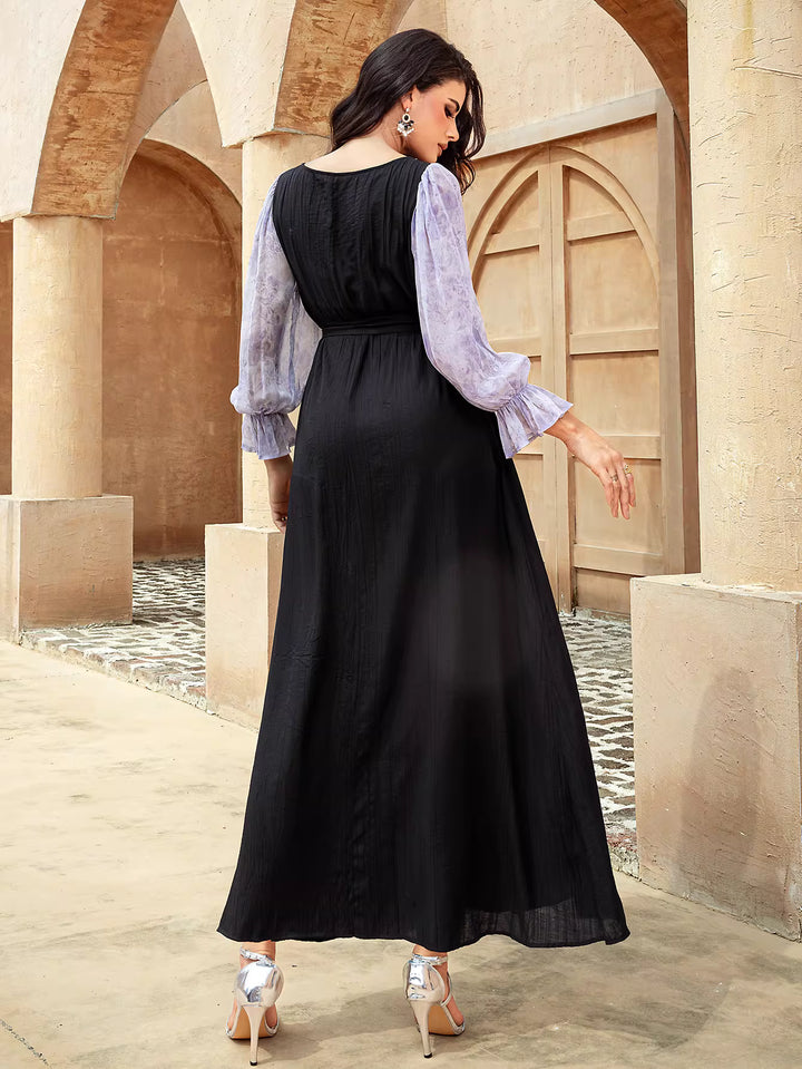 Elegant Black Maxi Dress with Sheer Puff Sleeves – ELENORA